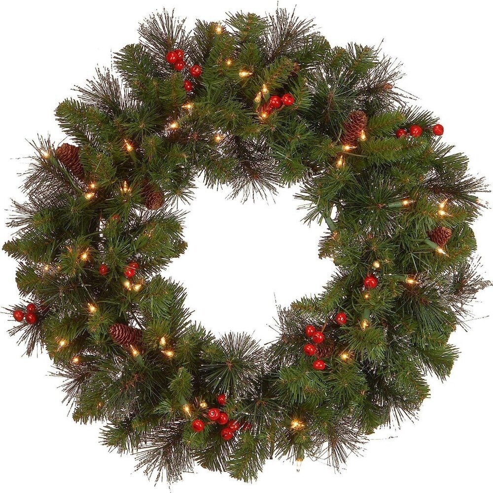 Pre-Lit Artificial Christmas Wreath, Green, Crestwood Spruce, White Lights, Deco